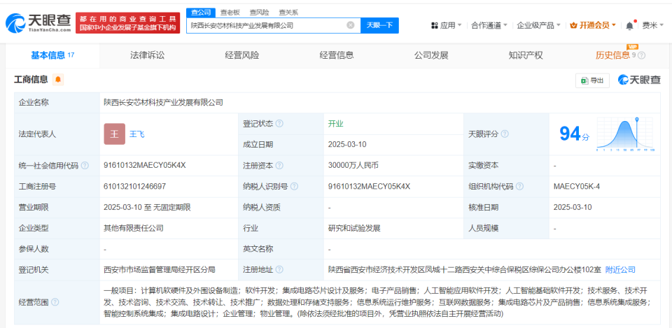 陜西長安芯材科技產業發展公司成立，注冊資本3億元聚焦計算機軟硬件技術開發與銷售